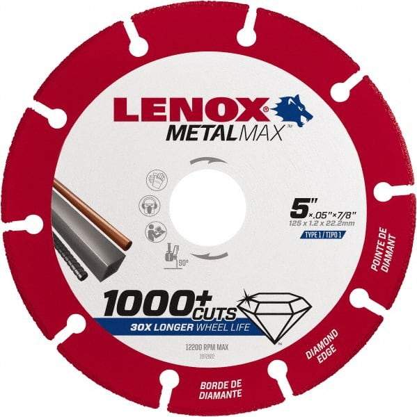 Lenox - 5" 40/50 Grit Diamond Cutoff Wheel - 0.05" Thick, 7/8" Arbor, 12,200 Max RPM, Use with Angle Grinders - Eagle Tool & Supply
