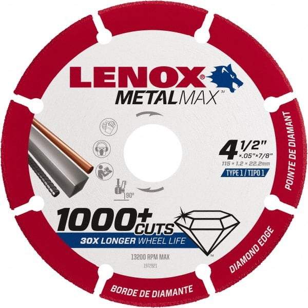 Lenox - 4-1/2" 40/50 Grit Diamond Cutoff Wheel - 0.05" Thick, 7/8" Arbor, 13,200 Max RPM, Use with Angle Grinders - Eagle Tool & Supply