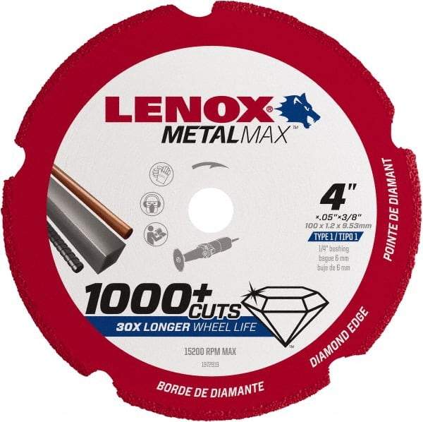 Lenox - 4" 40/50 Grit Diamond Cutoff Wheel - 0.05" Thick, 3/8" Arbor, 15,200 Max RPM, Use with Die Grinders - Eagle Tool & Supply