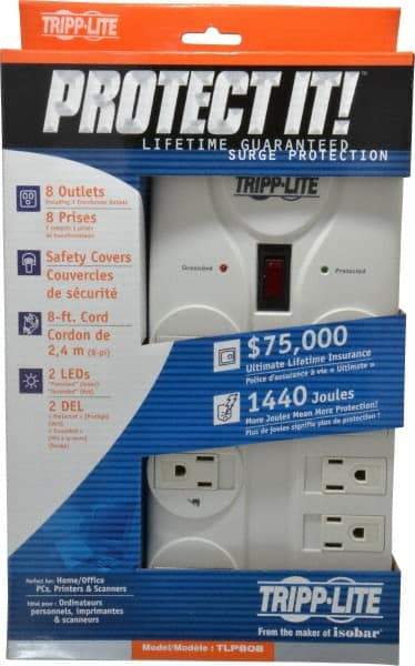Tripp-Lite - 8 Outlets, 120 Volts, 15 Amps, 8' Cord, Power Outlet Strip - Free Hanging, Keyhole Mount, 5-15P NEMA Configuration, 9.55" Strip, UL1449 3rd Edition - Eagle Tool & Supply