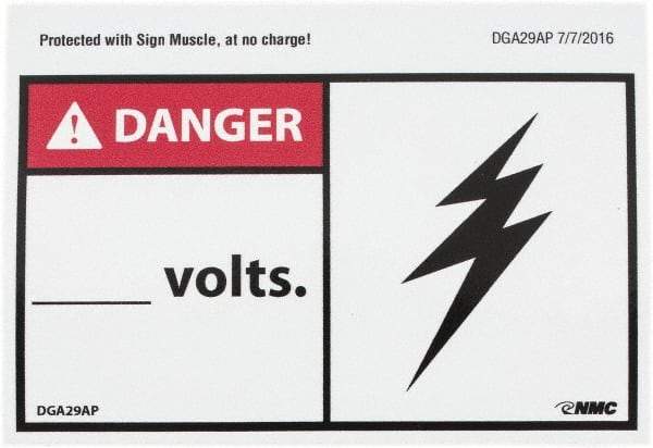 NMC - Accident Prevention Label, Header: DANGER - Legend: Danger - ____ Volts, English, Red, Black & White, 5" Long x 3" High, Sign Muscle Finish - Eagle Tool & Supply