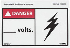 NMC - Accident Prevention Label, Header: DANGER - Legend: Danger - ____ Volts, English, Red, Black & White, 5" Long x 3" High, Sign Muscle Finish - Eagle Tool & Supply