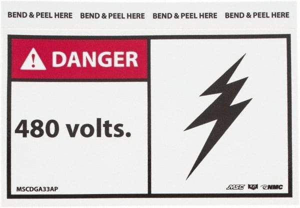 NMC - Accident Prevention Label, Header: DANGER - Legend: Danger - 480 Volts, English, Red, Black & White, 5" Long x 3" High, Sign Muscle Finish - Eagle Tool & Supply