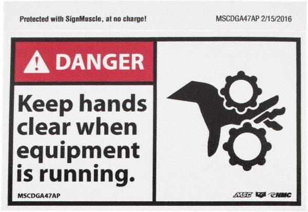 NMC - Accident Prevention Label, Header: DANGER - Legend: Danger - Keep Hands Clear When Equipment Is Running, English, Red, Black & White, 5" Long x 3" High, Sign Muscle Finish - Eagle Tool & Supply