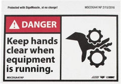 NMC - Accident Prevention Label, Header: DANGER - Legend: Danger - Keep Hands Clear When Equipment Is Running, English, Red, Black & White, 5" Long x 3" High, Sign Muscle Finish - Eagle Tool & Supply