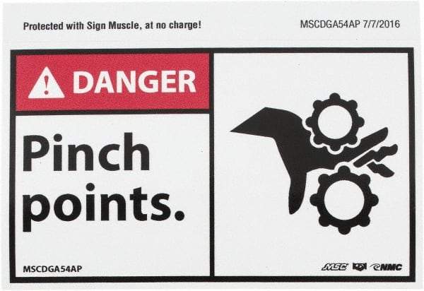 NMC - Accident Prevention Label, Header: DANGER - Legend: Danger - Pinch Points, English, Red, Black & White, 5" Long x 3" High, Sign Muscle Finish - Eagle Tool & Supply
