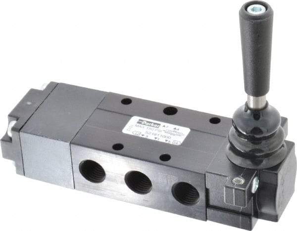 Parker - 0.83 CV Rate, 1/4" NPT Inlet Direct Air 4 Mechanical Spool Valve - 4 Way, 3 Position CC, 150 Max psi, Lever Spring Return - Eagle Tool & Supply