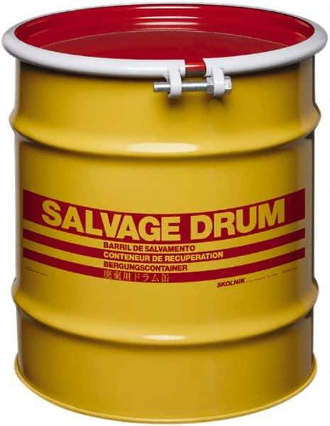 Made in USA - 20 Gallon Yellow with Red Cover Carbon Steel Open Head Drum - 19-1/4" High x 18-1/4" Diam - Eagle Tool & Supply