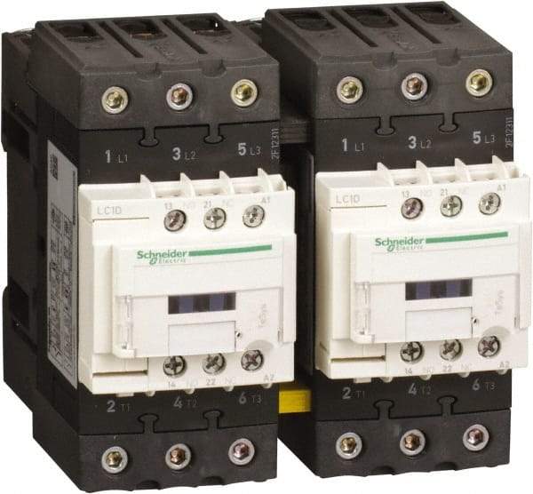 Schneider Electric - 3 Pole, 120 Coil VAC at 50 Hz and 120 Coil VAC at 60 Hz, 40 Amp, IEC Contactor - 1 Phase hp: 3 hp (115), 5 hp (230/240), 3 Phase hp: 10 hp (200/208), 10 hp (230/240), 30 hp (460/480), 30 hp (575/600) - Eagle Tool & Supply