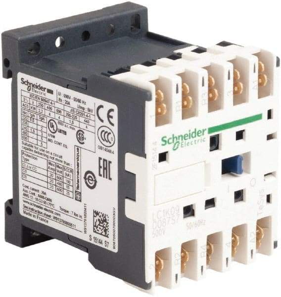 Schneider Electric - 4 Pole, 500 Coil VAC at 50/60 Hz, 16 Amp at 690 VAC and 20 Amp at 440 VAC, Nonreversible IEC Contactor - BS 5424, CSA, IEC 60947, NF C 63-110, RoHS Compliant, UL Listed, VDE 0660 - Eagle Tool & Supply