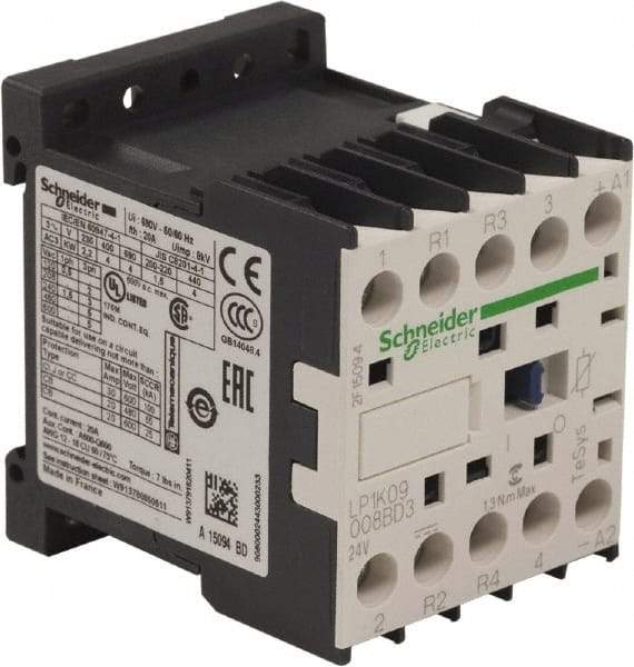 Schneider Electric - 4 Pole, 24 Coil VDC, 16 Amp at 690 VAC and 20 Amp at 440 VAC, Nonreversible IEC Contactor - BS 5424, CSA, IEC 60947, NF C 63-110, RoHS Compliant, UL Listed, VDE 0660 - Eagle Tool & Supply