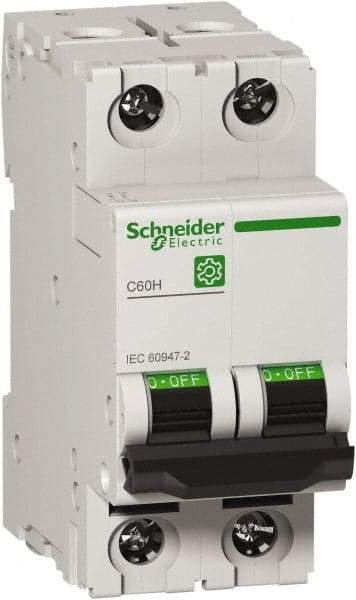 Schneider Electric - 10 Amp, 440 VAC, 2 Pole, DIN Rail Mounted Miniature Circuit Breaker - Magnetic Trip, Multiple Breaking Capacity Ratings, 18-4 AWG, 76mm Deep x 81mm High x 36mm Wide - Eagle Tool & Supply