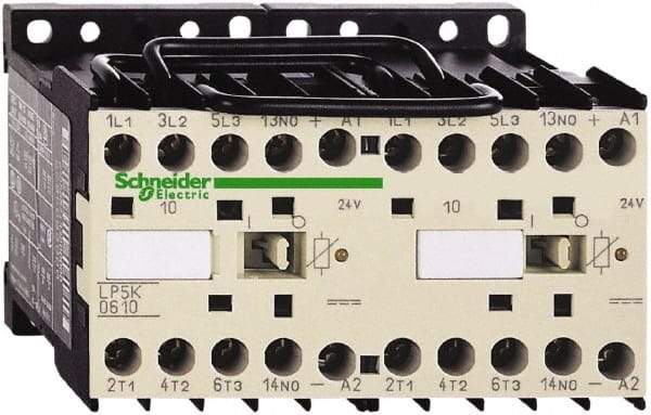 Schneider Electric - 3 Pole, 24 Coil VDC, 12 Amp at 440 VAC, 16 Amp at 690 VAC and 20 Amp at 440 VAC, Reversible IEC Contactor - BS 5424, CSA, IEC 60947, NF C 63-110, RoHS Compliant, UL Listed, VDE 0660 - Eagle Tool & Supply