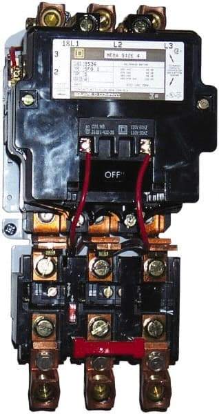 Square D - 208 Coil VAC at 60 Hz, 135 Amp, NEMA Size 4, Nonreversible Open Enclosure NEMA Motor Starter - 3 Phase hp: 100 at 460 VAC, 100 at 575 VAC, 40 at 200 VAC, 50 at 230 VAC - Eagle Tool & Supply