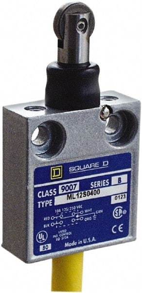 Square D - SPDT, NC/NO, 240 VAC, 4 Pin M12 Male Terminal, Roller Plunger Actuator, General Purpose Limit Switch - 1, 2, 4, 6, 6P NEMA Rating, IP67 IPR Rating, 80 Ounce Operating Force - Eagle Tool & Supply