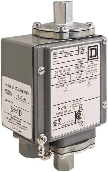 Square D - 4, 13 and 4X NEMA Rated, DPDT, 5,000 psi, Electromechanical Pressure and Level Switch - Adjustable Pressure, 120 VAC at 6 Amp, 125 VDC at 0.22 Amp, 240 VAC at 3 Amp, 250 VDC at 0.11 Amp, 1/4 Inch Connector, Screw Terminal, For Use with 9012G - Eagle Tool & Supply