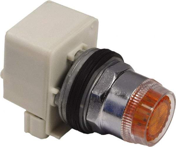 Schneider Electric - 1.18 Inch Mount Hole, Extended Straight, Pushbutton Switch Only - Round, Amber Pushbutton, Illuminated, Momentary (MO), Weatherproof, Dust and Oil Resistant - Eagle Tool & Supply
