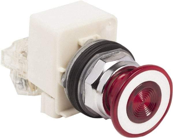 Schneider Electric - 30mm Mount Hole, Extended Straight, Pushbutton Switch with Contact Block - Red Pushbutton, Maintained (MA) - Eagle Tool & Supply