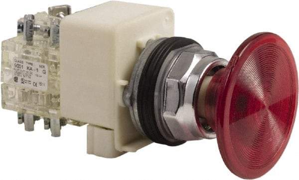 Schneider Electric - 30mm Mount Hole, Extended Mushroom Head, Pushbutton Switch Only - Round, Red Pushbutton, Nonilluminated, Maintained (MA), On-Off - Eagle Tool & Supply