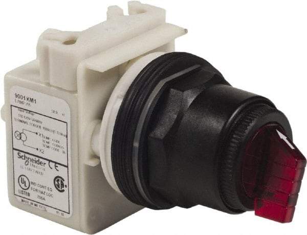 Schneider Electric - 30mm Mount Hole, 3 Position, Knob Operated, Selector Switch Only - Momentary (MO), Nonilluminated, without Contact Blocks, Shock and Vibration Resistant - Eagle Tool & Supply