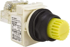 Schneider Electric - 30mm Mount Hole, Extended Straight, Pushbutton Switch with Contact Block - Yellow Pushbutton, Momentary (MO) - Eagle Tool & Supply