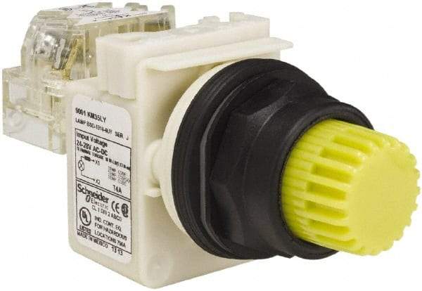 Schneider Electric - 1.22 Inch Mount Hole, Extended Straight, Pushbutton Switch with Contact Block - Round, Yellow Pushbutton, Illuminated, Momentary (MO), Anticorrosive, Dusttight, Oiltight, Watertight and Shock and Vibration Resistant - Eagle Tool & Supply