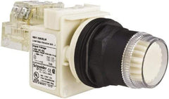 Schneider Electric - 1.22 Inch Mount Hole, Flush, Pushbutton Switch with Contact Block - Round, White Pushbutton, Illuminated, Momentary (MO), Anticorrosive, Dusttight, Oiltight, Watertight and Shock and Vibration Resistant - Eagle Tool & Supply