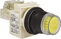 Schneider Electric - 30mm Mount Hole, Extended Straight, Pushbutton Switch with Contact Block - Yellow Pushbutton, Momentary (MO) - Eagle Tool & Supply