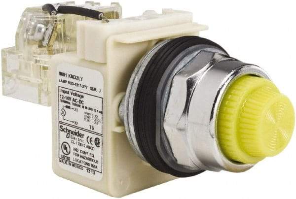 Schneider Electric - 12-14 VAC/VDC Yellow Lens LED Push-to-Test Pilot Light - Fresnel/Round Lens, Screw Clamp Connector, 104mm OAL x 54mm Wide, Dust-tight, Oiltight, Shock Resistant, Vibration Resistant, Watertight - Eagle Tool & Supply