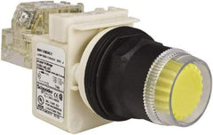 Schneider Electric - 30mm Mount Hole, Extended Straight, Pushbutton Switch with Contact Block - Yellow Pushbutton, Momentary (MO) - Eagle Tool & Supply