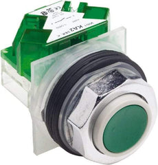 Schneider Electric - 30mm Mount Hole, Extended Straight, Pushbutton Switch with Contact Block - Green Pushbutton, Momentary (MO) - Eagle Tool & Supply