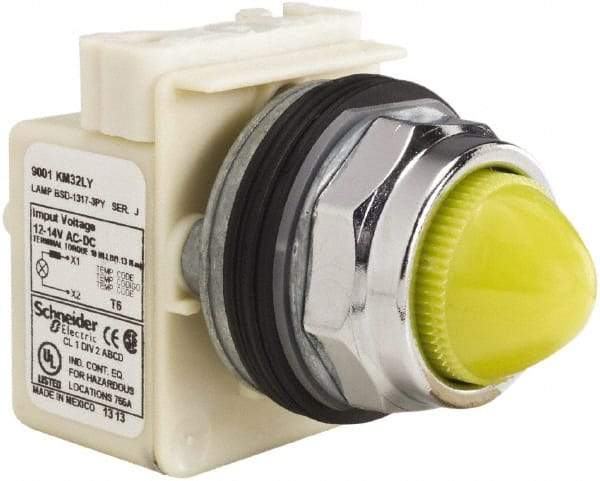 Schneider Electric - 12-14 VAC/VDC Yellow Lens LED Pilot Light - Domed/Round Lens, Screw Clamp Connector, 69.98mm OAL x 54mm Wide, Dust-tight, Oiltight, Shock Resistant, Vibration Resistant, Watertight - Eagle Tool & Supply