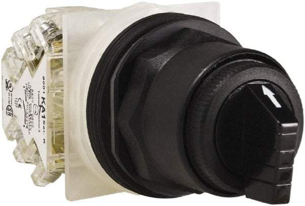 Schneider Electric - 1.18 Inch Mount Hole, 3 Position, Knob and Pushbutton Operated, Selector Switch - Black, Maintained (MA), Anticorrosive, Weatherproof, Dust and Oil Resistant - Eagle Tool & Supply