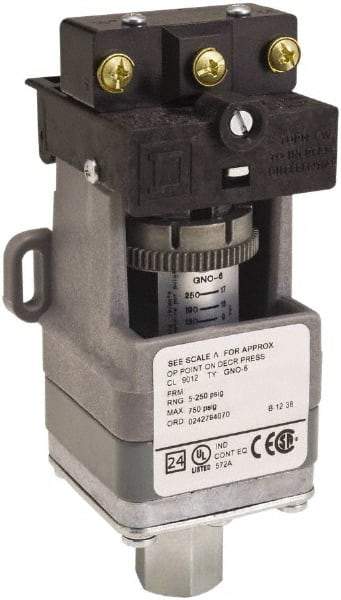 Square D - SPDT, 5 to 250 psi, Electromechanical Pressure and Level Switch - Adjustable Pressure, 120 VAC at 6 Amp, 125 VDC at 0.22 Amp, 240 VAC at 3 Amp, 250 VDC at 0.27 Amp, 1/4 Inch Connector, Screw Terminal, For Use with 9012G - Eagle Tool & Supply