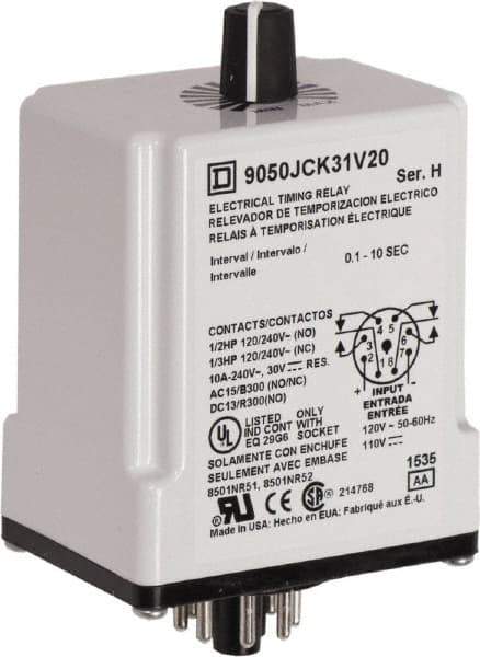 Square D - DPDT Time Delay Relay - 10 Contact Amp, 110 VDC & 120 VAC - Eagle Tool & Supply