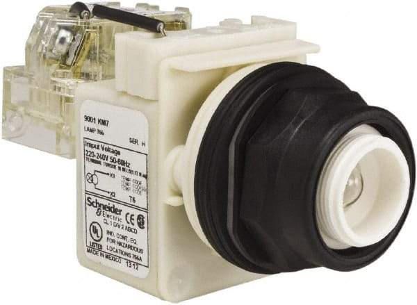 Schneider Electric - 220-240 V Incandescent Press-to-Test Indicating Light - Round Lens, Screw Clamp Connector, 54mm OAL x 42mm Wide, Vibration Resistant - Eagle Tool & Supply