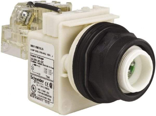 Schneider Electric - 28 V Green Lens LED Pilot Light - Round Lens, Screw Clamp Connector, 54mm OAL x 42mm Wide, Vibration Resistant - Eagle Tool & Supply