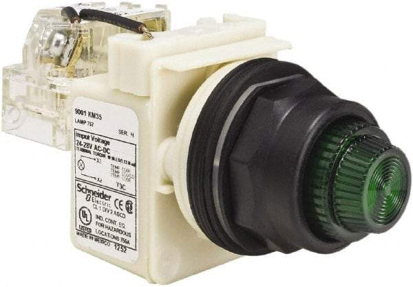 Schneider Electric - 24 V, 28 V Green Lens Press-to-Test Indicating Light - Round Lens, Screw Clamp Connector, Corrosion Resistant, Dust Resistant, Oil Resistant - Eagle Tool & Supply