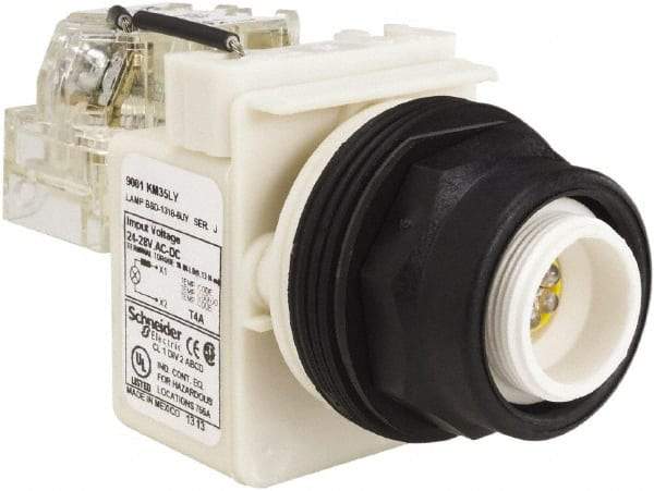 Schneider Electric - 28 V Yellow Lens LED Pilot Light - Round Lens, Screw Clamp Connector, 54mm OAL x 42mm Wide, Vibration Resistant - Eagle Tool & Supply