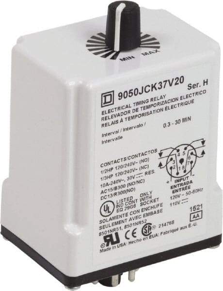 Square D - 0.3 to 30 min Delay, DPDT Time Delay Relay - 10 Contact Amp, 110 VDC & 120 VAC - Eagle Tool & Supply