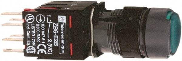 Schneider Electric - 16mm Mount Hole, Flush, Pushbutton Switch with Contact Block - Round, Green Pushbutton, Illuminated, Momentary (MO) - Eagle Tool & Supply