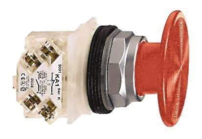 Schneider Electric - 30mm Mount Hole, Extended Mushroom Head, Pushbutton Switch with Contact Block - Round, Red Pushbutton, Momentary (MO) - Eagle Tool & Supply