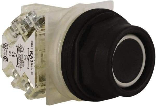 Schneider Electric - 30mm Mount Hole, Extended Straight, Pushbutton Switch with Contact Block - Black Pushbutton, Momentary (MO) - Eagle Tool & Supply