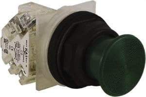 Schneider Electric - 1.22 Inch Mount Hole, Extended Mushroom Head, Pushbutton Switch with Contact Block - Round, Green Pushbutton, Nonilluminated, Momentary (MO), Anticorrosive, Dusttight, Oiltight, Watertight and Shock and Vibration Resistant - Eagle Tool & Supply