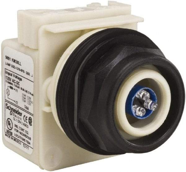 Schneider Electric - 120 V Blue Lens LED Pilot Light - Round Lens, Screw Clamp Connector, 54mm OAL x 42mm Wide, Vibration Resistant - Eagle Tool & Supply