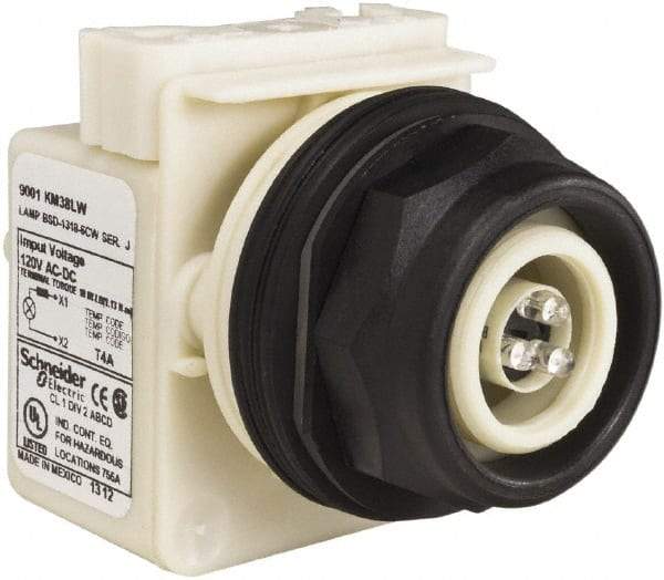 Schneider Electric - 120 V White Lens LED Pilot Light - Round Lens, Screw Clamp Connector, 54mm OAL x 42mm Wide, Vibration Resistant - Eagle Tool & Supply