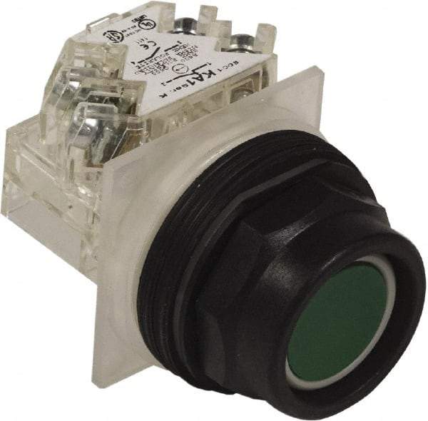 Schneider Electric - 30mm Mount Hole, Extended Straight, Pushbutton Switch with Contact Block - Green Pushbutton, Momentary (MO) - Eagle Tool & Supply