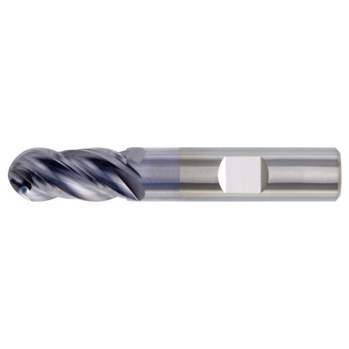 ‎3/8″ Dia. × 3/8″ Shank × 7/8″ DOC × 2-1/2″ OAL, Carbide TiAlN, Unequal Flute Spacing , 4 Flute, CW|38° Helix, Round, Ballnose End Mill - Exact Industrial Supply