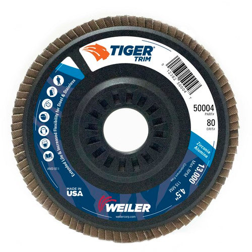 4-1/2″ Tiger Disc Abrasive Flap Disc, Angled, Trimmable Backing, 80Z, 7/8″ Arbor Hole - Eagle Tool & Supply