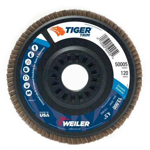 4-1/2″ Tiger Disc Abrasive Flap Disc, Angled, Trimmable Backing, 120Z, 7/8″ Arbor Hole - Eagle Tool & Supply